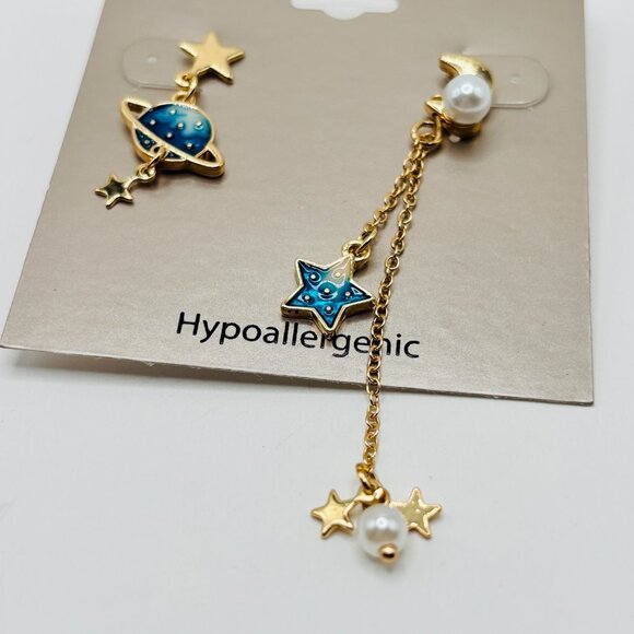 Mismatched Planet Star Moon Dangle Earrings Gold Blue Enamel Pearl Hypoallergeni - Picture 2 of 5